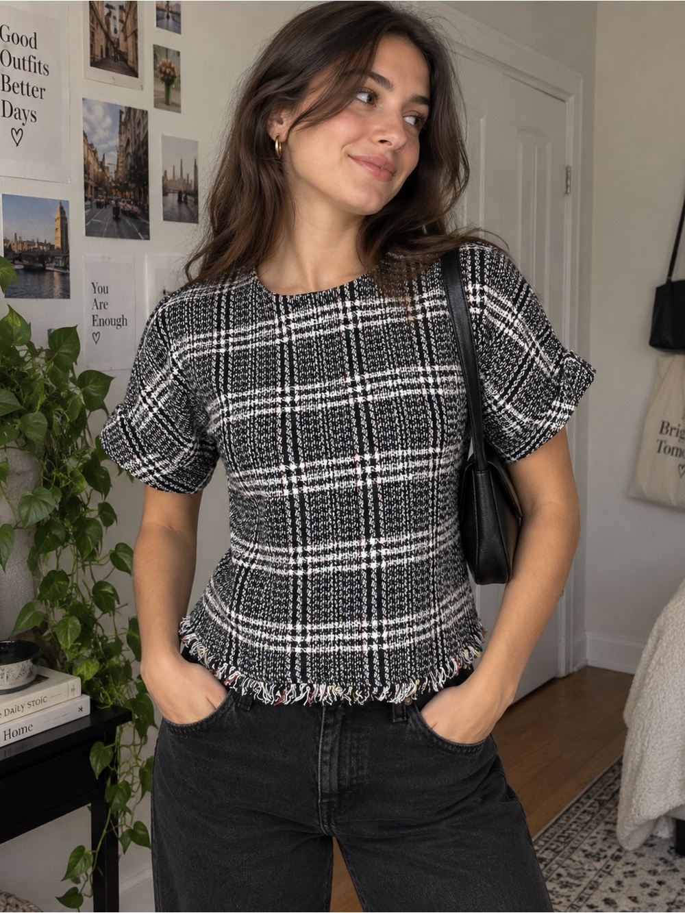Zara Trafaluc Black & White Tweed Plaid Crop Top Size XS